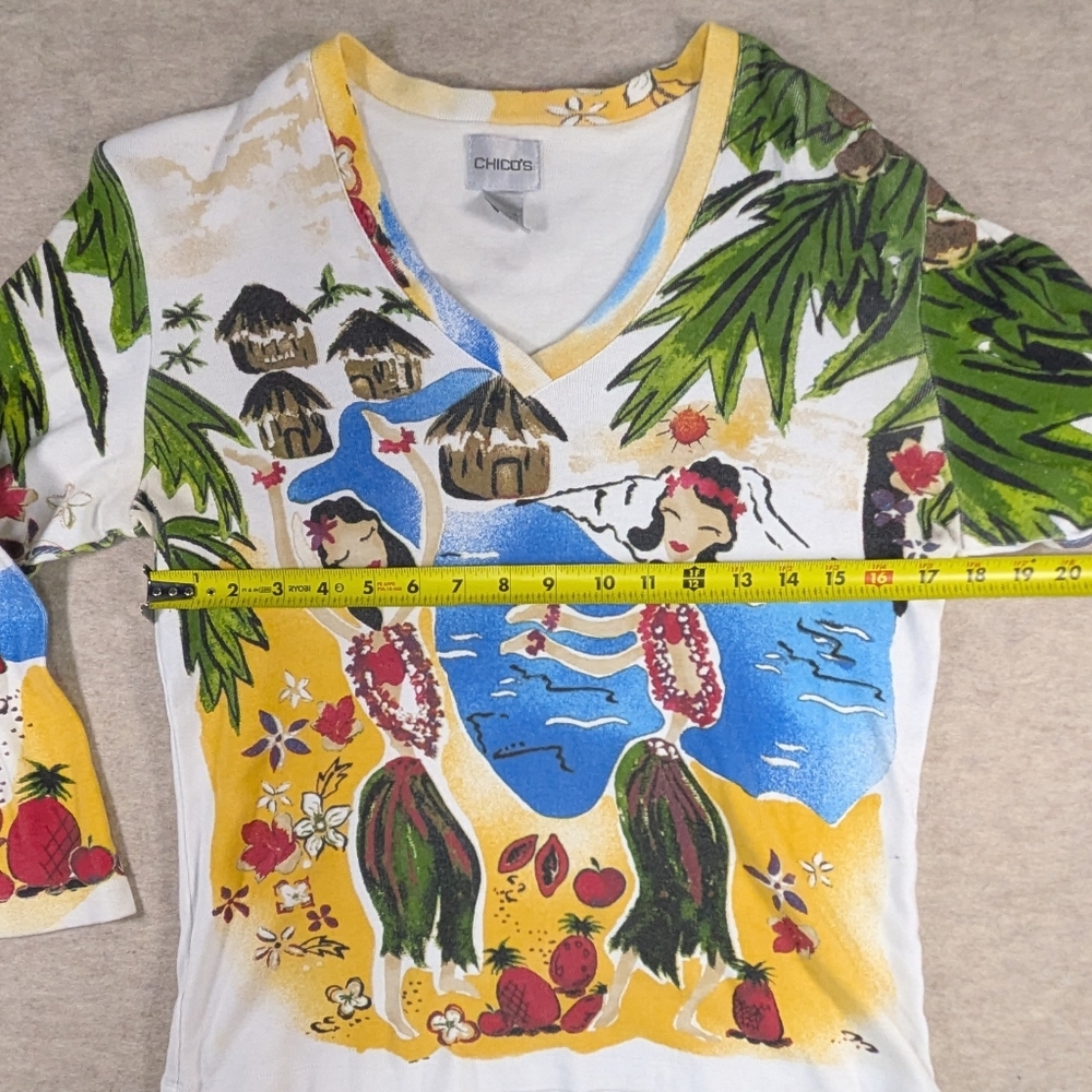 Chico's Tropical Hula Vintage Cotton Print V-Neck 3/4 Sleeves Fun!! Shirt Size L - Picture 2 of 9